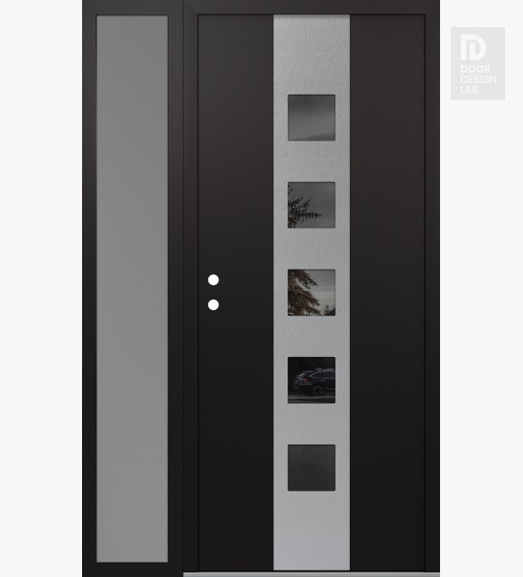 Modern Steel Front Door DIAMOND A13 48" X 80" BLACK/BLACK MIRRORED GLASS PANEL STAINLESS STEEL RHI WITH SIDELITE FROSTED GLASS
