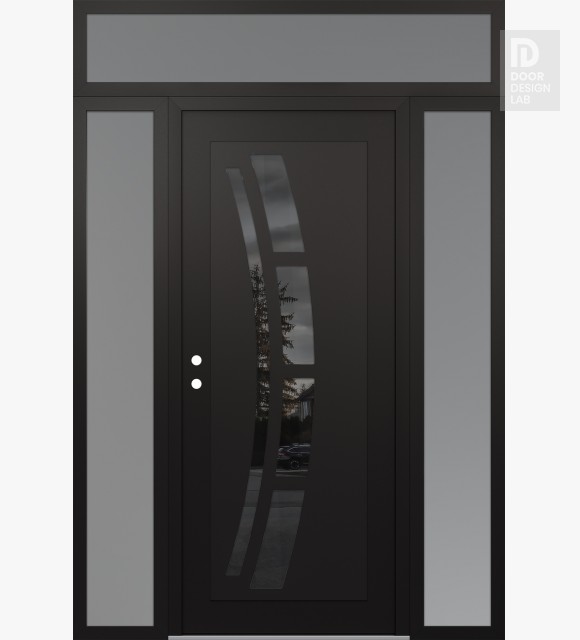 Modern Steel Front Door Diamond C12 68" x 96" black/black mirrored Glass Panel black RHI with 2 Sidelites and Transom frosted Glass