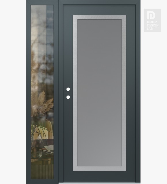Modern Steel Front Door Diamond C1 48" x 80" anthracite/anthracite frosted Glass Panel stainless steel RHI with Sidelite clear Glass