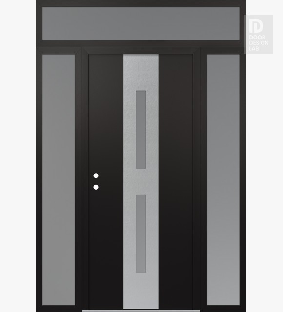 Modern Steel Front Door DIAMOND A6 68" X 96" BLACK/WHITE FROSTED GLASS PANEL STAINLESS STEEL RHI WITH 2 SIDELITES AND TRANSOM FROSTED GLASS