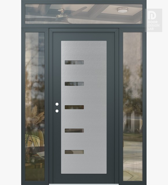 Modern Steel Front Door Diamond C8 68" x 96" anthracite/anthracite clear Glass Panel stainless steel RHI with 2 Sidelites and Transom clear Glass