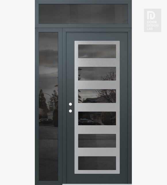Modern Steel Front Door Diamond C9 50" x 96" anthracite/anthracite mirrored Glass Panel stainless steel RHI with Sidelite and Transom mirrored Glass