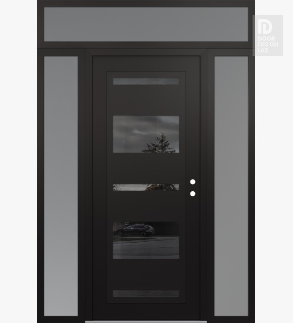 Modern Steel Front Door Diamond C10 64" x 96" black/black mirrored Glass Panel black LHI with 2 Sidelites and Transom frosted Glass