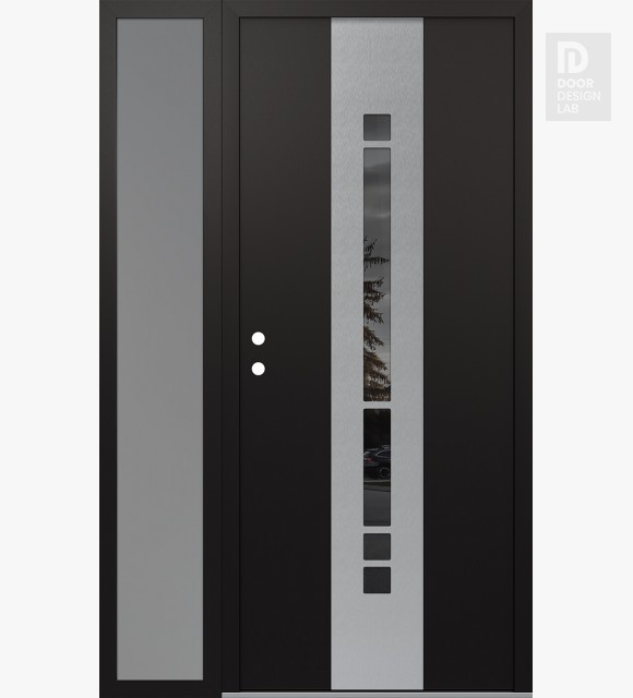 Modern Steel Front Door DIAMOND A3 48" X 80" BLACK/BLACK MIRRORED GLASS PANEL STAINLESS STEEL RHI WITH SIDELITE FROSTED GLASS