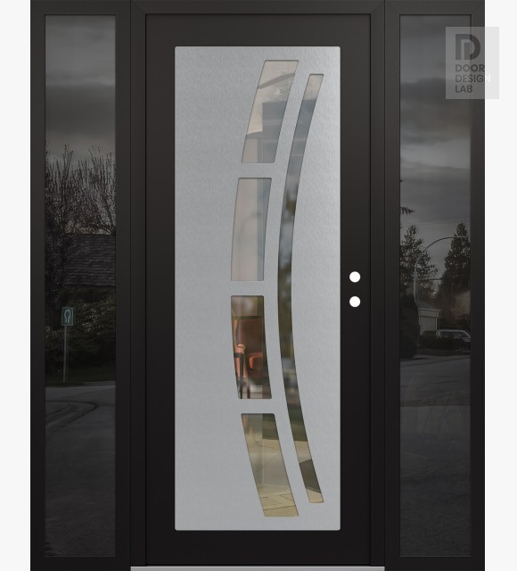 Modern Steel Front Door Diamond C12 60" x 80" black/black clear Glass Panel stainless steel LHI with 2 Sidelites mirrored Glass