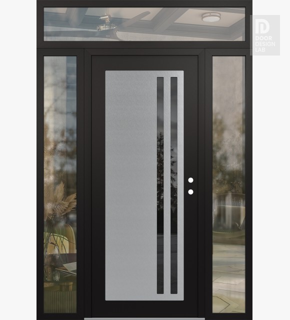 Modern Steel Front Door Diamond C6 64" x 96" black/black mirrored Glass Panel stainless steel LHI with 2 Sidelites and Transom clear Glass