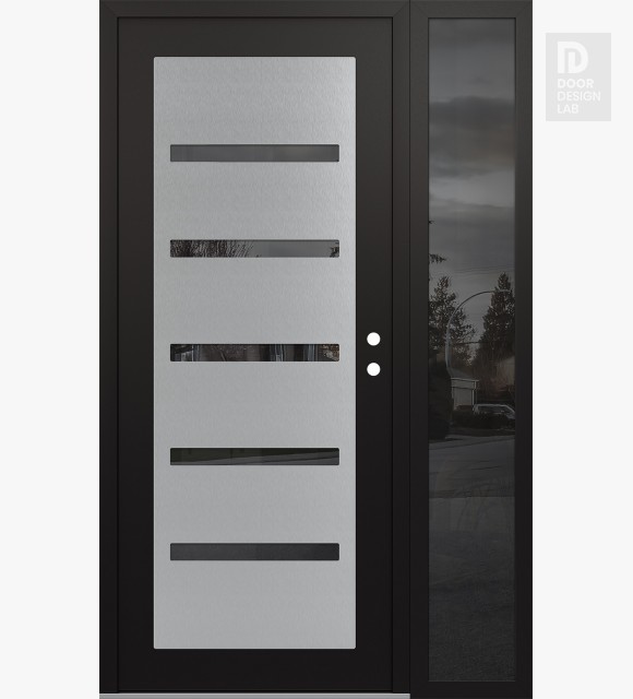 Modern Steel Front Door Diamond C7 50" x 80" black/black mirrored Glass Panel stainless steel LHI with Sidelite mirrored Glass