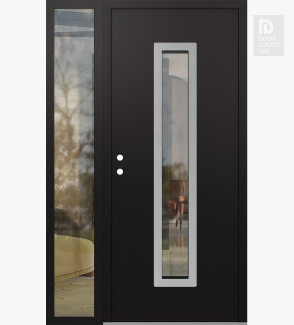 Modern Steel Front Door DIAMOND A11 52" X 80" BLACK/BLACK CLEAR GLASS PANEL STAINLESS STEEL RHI WITH SIDELITE CLEAR GLASS