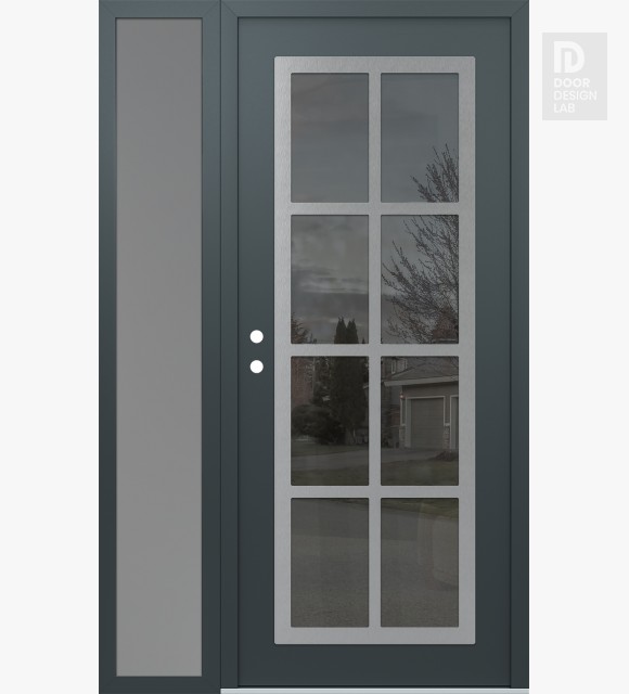 Modern Steel Front Door Diamond C16 50" x 80" anthracite/anthracite mirrored Glass Panel stainless steel RHI with Sidelite frosted Glass