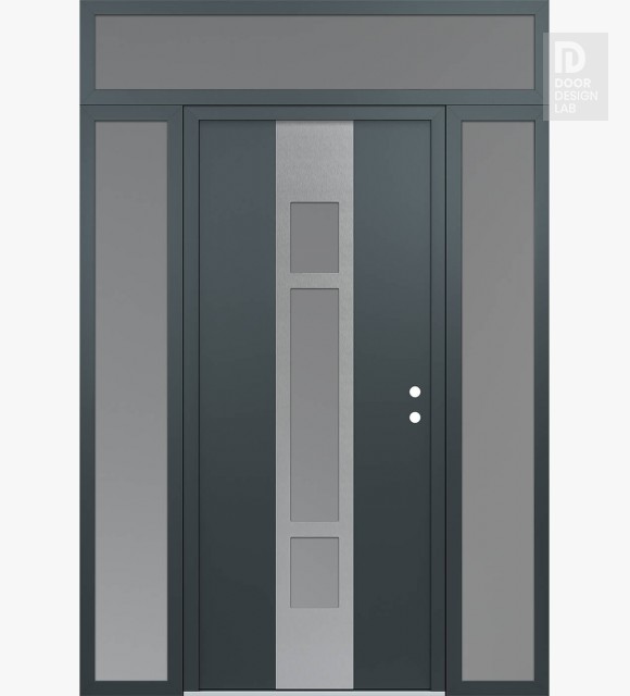 Modern Steel Front Door DIAMOND A9 64" X 96" ANTHRACITE/ANTHRACITE FROSTED GLASS PANEL STAINLESS STEEL LHI WITH 2 SIDELITES AND TRANSOM FROSTED GLASS