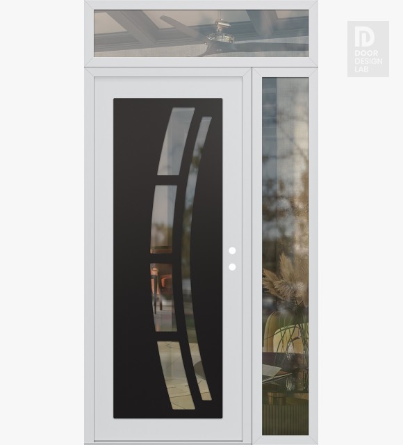 Modern Steel Front Door Diamond C12 50" x 96" white/white clear Glass Panel black LHI with Sidelite and Transom clear Glass