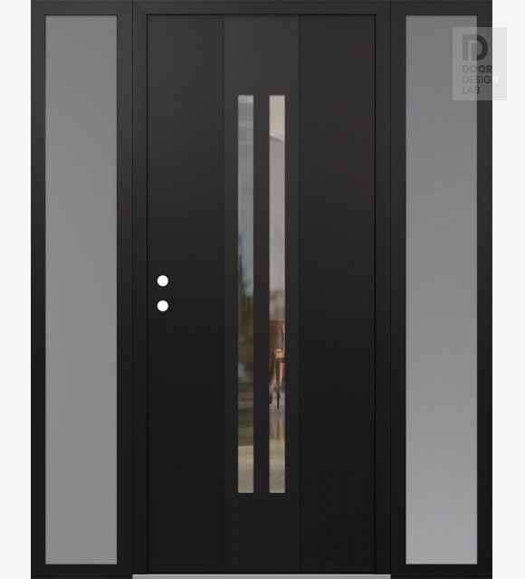 Modern Steel Front Door DIAMOND A8 64" X 80" BLACK/BLACK CLEAR GLASS PANEL BLACK RHI WITH 2 SIDELITES FROSTED GLASS