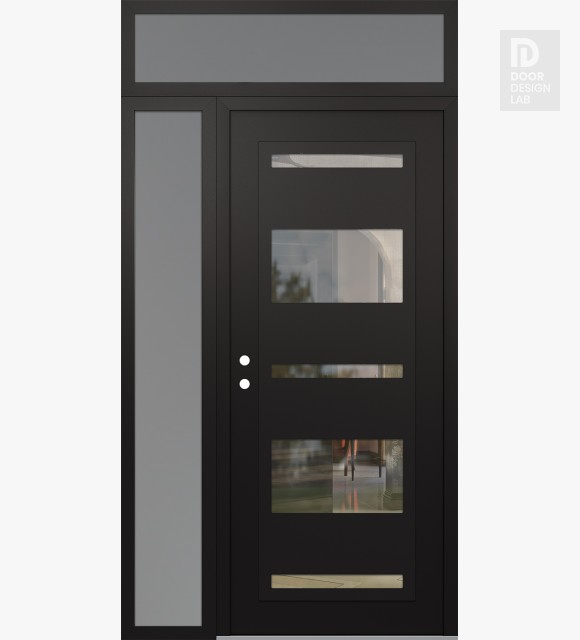 Modern Steel Front Door Diamond C10 50" x 96" black/black clear Glass Panel black RHI with Sidelite and Transom frosted Glass