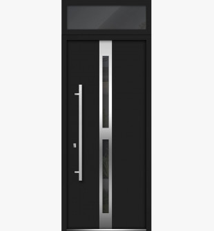 W36" x H96" Front Exterior Prehung Steel Door / Deux 1755 Black Enamel / Top Exterior Window / Stainless Inserts Single Modern Painted-Right-hand Inswing