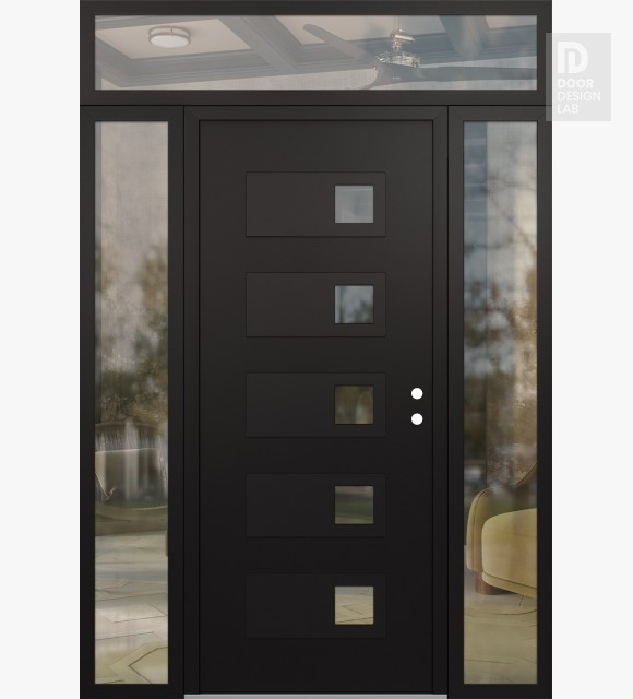 Modern Steel Front Door Diamond D2 68" x 96" black/black clear Glass Panel black LHI with 2 Sidelites and Transom clear Glass