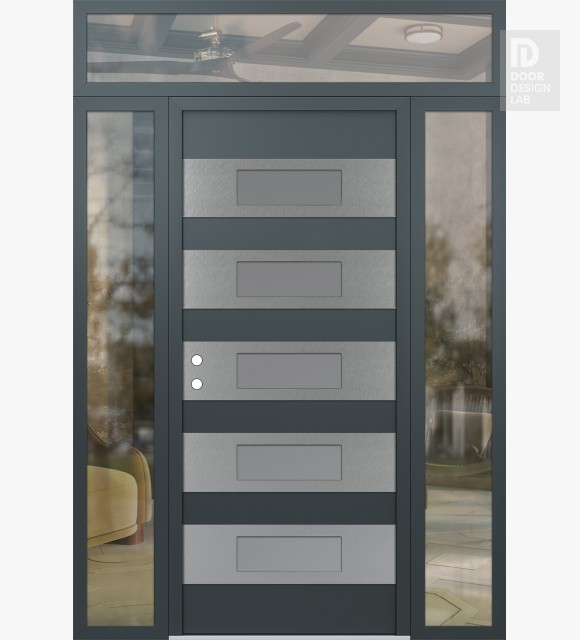 Modern Steel Front Door Diamond D5 60" x 96" anthracite/anthracite frosted Glass Panel stainless steel RHI with 2 Sidelites and Transom clear Glass