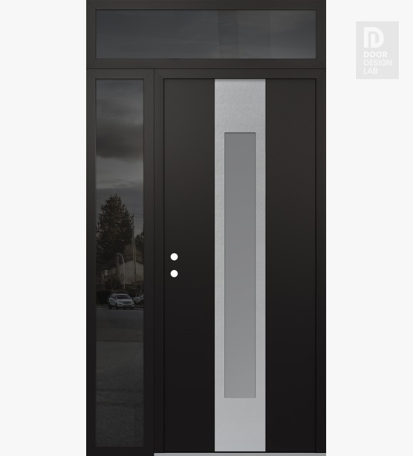 Modern Steel Front Door DIAMOND A1 50" X 96" BLACK/WHITE FROSTED GLASS PANEL STAINLESS STEEL RHI WITH SIDELITE AND TRANSOM MIRRORED GLASS