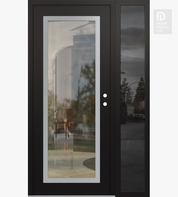 Modern Steel Front Door Diamond C1 52" x 80" black/black clear Glass Panel stainless steel LHI with Sidelite mirrored Glass