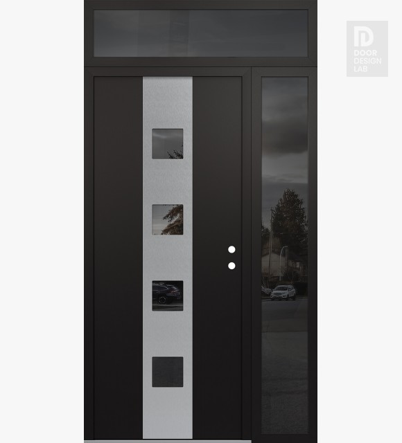 Modern Steel Front Door DIAMOND A12 48" X 96" BLACK/BLACK MIRRORED GLASS PANEL STAINLESS STEEL LHI WITH SIDELITE AND TRANSOM MIRRORED GLASS