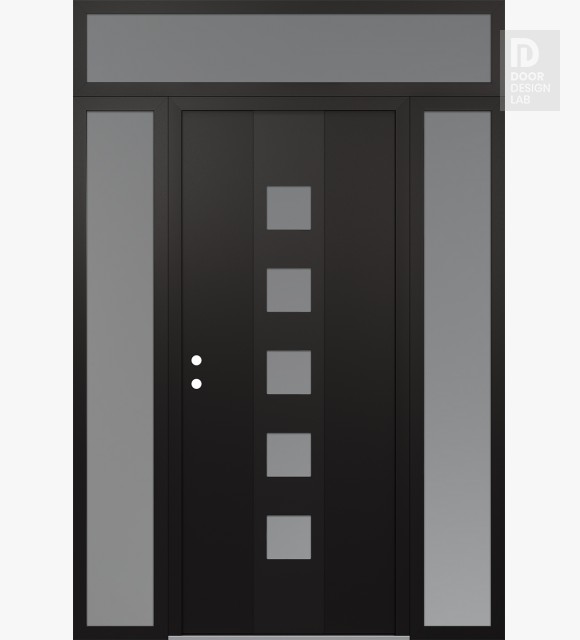 Modern Steel Front Door DIAMOND A13 68" X 96" BLACK/WHITE FROSTED GLASS PANEL BLACK RHI WITH 2 SIDELITES AND TRANSOM FROSTED GLASS