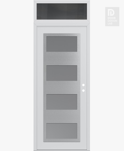 Modern Steel Front Door Diamond C2 36" x 96" white/white frosted Glass Panel stainless steel LHI with Transom mirrored Glass