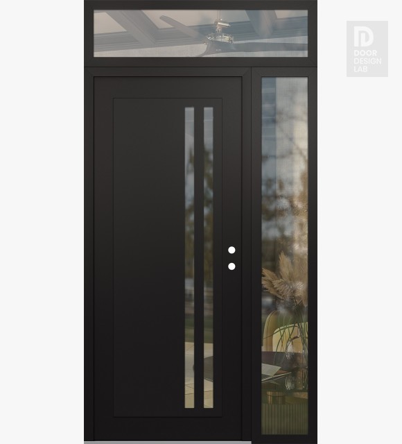 Modern Steel Front Door Diamond C6 48" x 96" black/black clear Glass Panel black LHI with Sidelite and Transom clear Glass