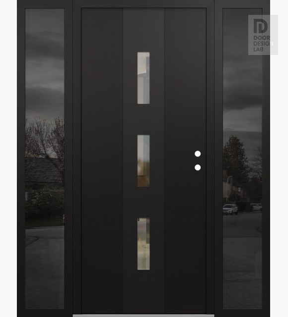 Modern Steel Front Door DIAMOND A7 64" X 80" BLACK/BLACK CLEAR GLASS PANEL BLACK LHI WITH 2 SIDELITES MIRRORED GLASS