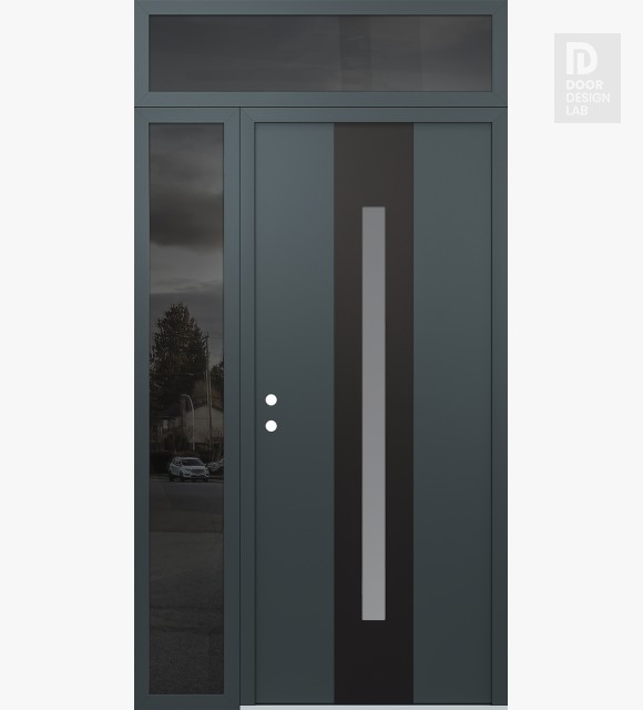 Modern Steel Front Door DIAMOND A2 48" X 96" ANTHRACITE/ANTHRACITE FROSTED GLASS PANEL BLACK RHI WITH SIDELITE AND TRANSOM MIRRORED GLASS