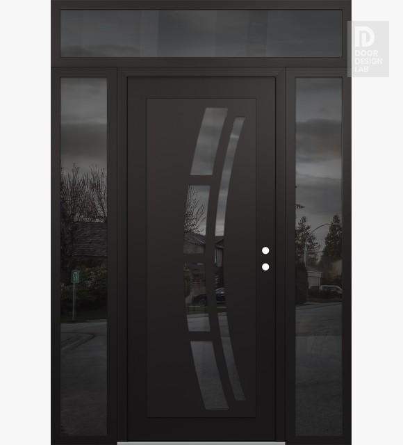 Modern Steel Front Door Diamond C12 60" x 96" black/black mirrored Glass Panel black LHI with 2 Sidelites and Transom mirrored Glass