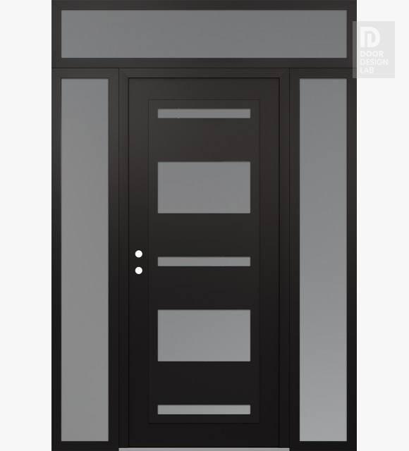 Modern Steel Front Door Diamond C10 60" x 96" black/white frosted Glass Panel black RHI with 2 Sidelites and Transom frosted Glass