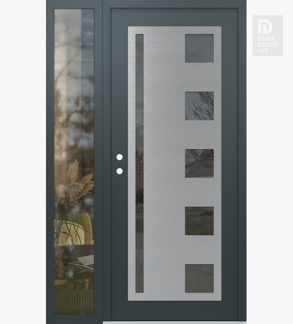 Modern Steel Front Door Diamond C3 50" x 80" anthracite/anthracite mirrored Glass Panel stainless steel RHI with Sidelite clear Glass
