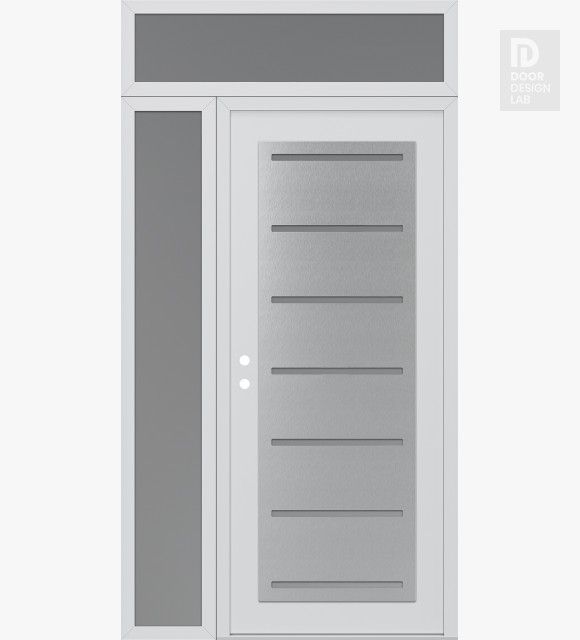 Modern Steel Front Door Diamond C11 50" x 96" white/white frosted Glass Panel stainless steel RHI with Sidelite and Transom frosted Glass