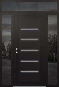 Diamond C7 64" x 96" black/white frosted Glass Panel black RHI with 2 Sidelites and Transom mirrored Glass