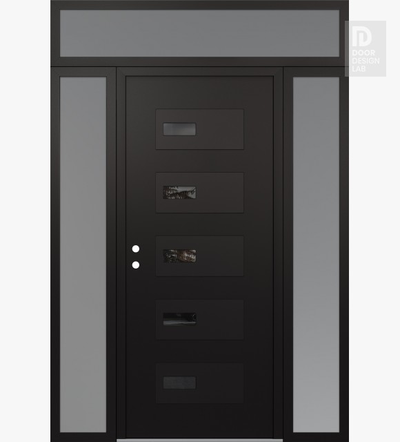 Modern Steel Front Door Diamond D7 60" x 96" black/black mirrored Glass Panel black RHI with 2 Sidelites and Transom frosted Glass