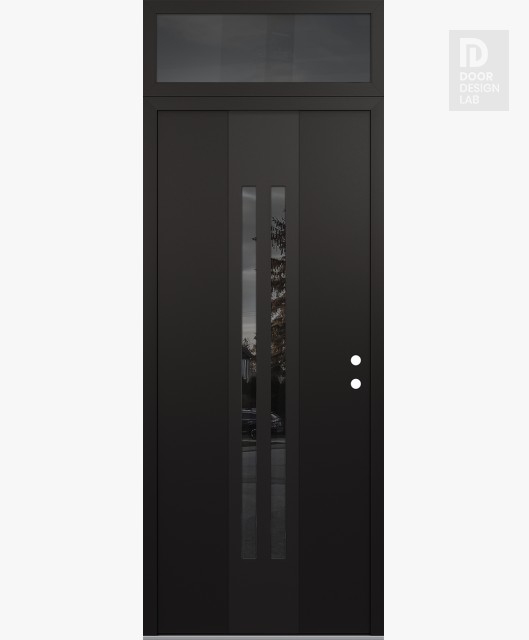 Modern Steel Front Door DIAMOND A8 36" X 96" BLACK/BLACK MIRRORED GLASS PANEL BLACK LHI WITH TRANSOM MIRRORED GLASS