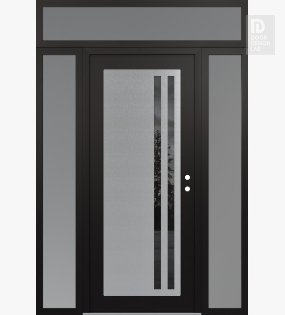 Modern Steel Front Door Diamond C6 68" x 96" black/black mirrored Glass Panel stainless steel LHI with 2 Sidelites and Transom frosted Glass