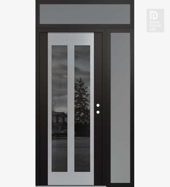 Modern Steel Front Door Diamond C14 52" x 96" black/black mirrored Glass Panel stainless steel LHI with Sidelite and Transom frosted Glass