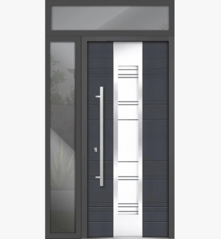 Front Exterior Prehung Steel Door / Deux 0757 Gray Graphite / Side and Top Exterior Window / Stainless Inserts Single Modern Painted-W36+14" x H80+16"-Right-hand Inswing