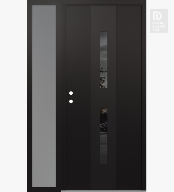 Modern Steel Front Door DIAMOND A6 52" X 80" BLACK/BLACK MIRRORED GLASS PANEL BLACK RHI WITH SIDELITE FROSTED GLASS