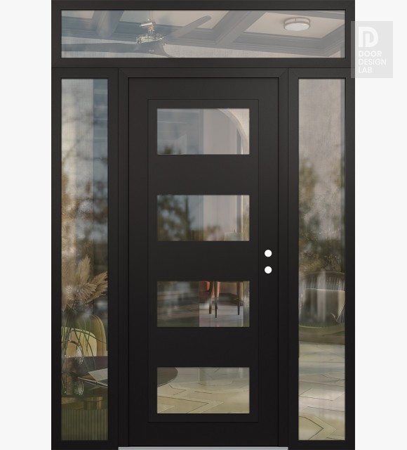 Modern Steel Front Door Diamond C2 68" x 96" black/black clear Glass Panel black LHI with 2 Sidelites and Transom clear Glass