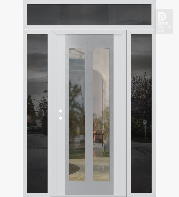 Modern Steel Front Door Diamond C14 68" x 96" white/white clear Glass Panel stainless steel RHI with 2 Sidelites and Transom mirrored Glass