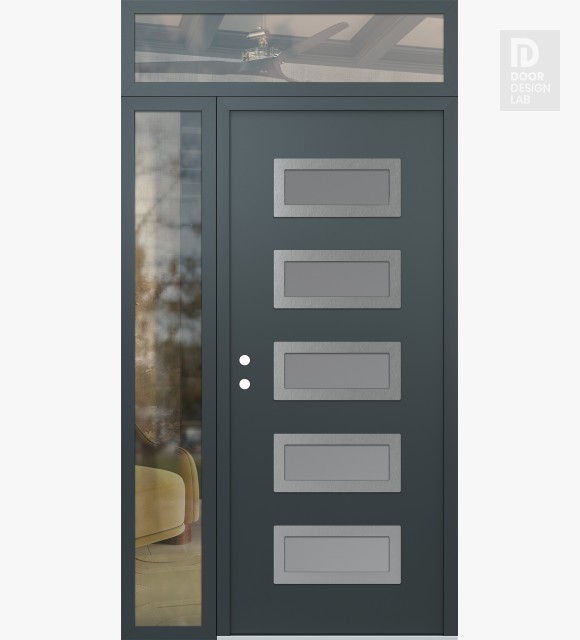 Modern Steel Front Door Diamond D1 48" x 96" anthracite/anthracite frosted Glass Panel stainless steel RHI with Sidelite and Transom clear Glass
