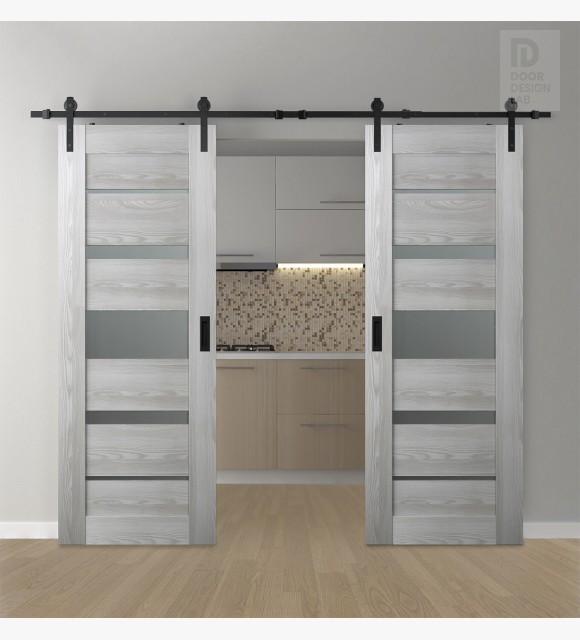 DOUBLE BARN DOOR AVON 07-03 VETRO RIBEIRA ASH 56" X 80" X 1 3/4" BLACK HARDWARE