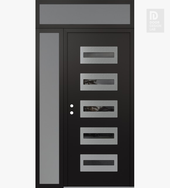Modern Steel Front Door Diamond D4 50" x 96" black/black mirrored Glass Panel stainless steel RHI with Sidelite and Transom frosted Glass