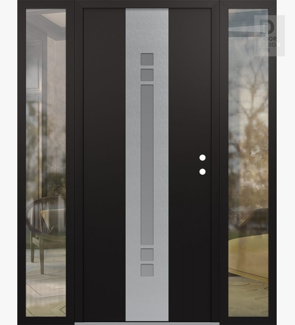 Modern Steel Front Door DIAMOND A4 60" X 80" BLACK/WHITE FROSTED GLASS PANEL STAINLESS STEEL LHI WITH 2 SIDELITES CLEAR GLASS