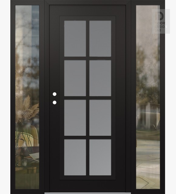 Modern Steel Front Door Diamond C16 60" x 80" black/white frosted Glass Panel black RHI with 2 Sidelites clear Glass