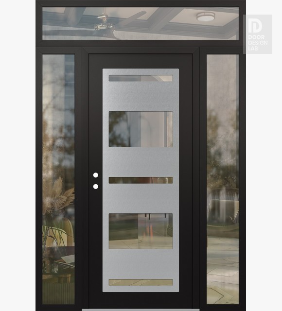 Modern Steel Front Door Diamond C10 68" x 96" black/black clear Glass Panel stainless steel RHI with 2 Sidelites and Transom clear Glass