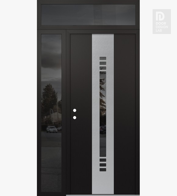 Modern Steel Front Door DIAMOND A5 50" X 96" BLACK/BLACK MIRRORED GLASS PANEL STAINLESS STEEL RHI WITH SIDELITE AND TRANSOM MIRRORED GLASS