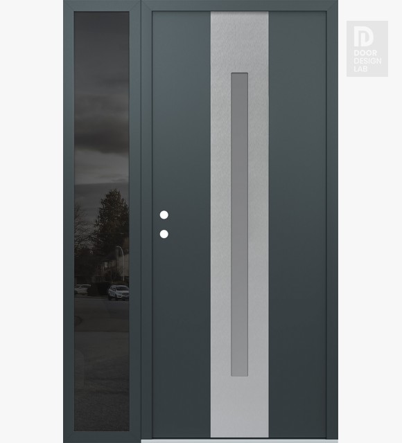 Modern Steel Front Door DIAMOND A2 48" X 80" ANTHRACITE/ANTHRACITE FROSTED GLASS PANEL STAINLESS STEEL RHI WITH SIDELITE MIRRORED GLASS