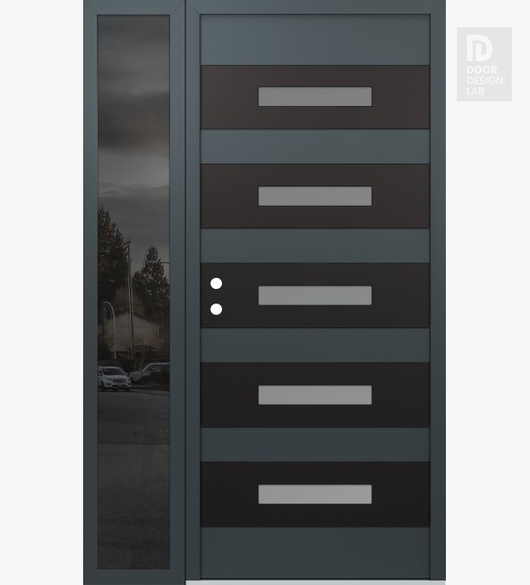 Modern Steel Front Door Diamond D9 52" x 80" anthracite/anthracite frosted Glass Panel black RHI with Sidelite mirrored Glass